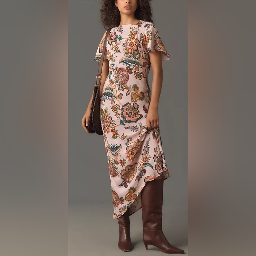 Kachel x Anthropologie Flutter Sleeve Floral Square‎ Neck V-Back Slip Dress - 8